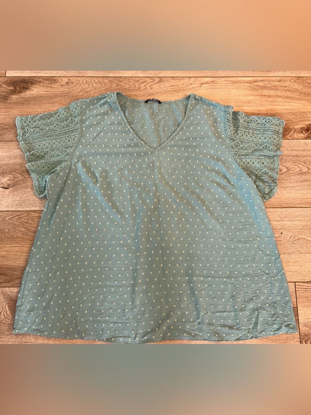 Bloomchic  V-Neck flowy Swiss Dot Crochet Sleeve Top - Sage